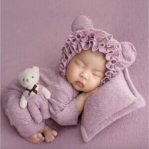 Photo Op Baby Girl Newborn Photography Lavender Purple Outfit and Set bear